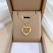 Heart with Word Love Brass with Rhinestone Pendant Necklaces, with 201 Stainless Steel Dapped Chains, Golden, 17.83 inch(45.3cm)(NJEW-Z026-04G)