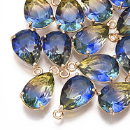 Glass Pendants, with Brass Findings, Faceted, teardrop, Golden, Colorful, 18x10x6mm, Hole: 1.5mm(GLAA-S179-01B-12)