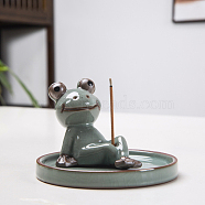 Porcelain Incense Burners, Flat Round with Frog Incense Holders, Home Office Teahouse Zen Buddhist Supplies, Dark Sea Green, 100x60mm(INBU-PW0001-01B)