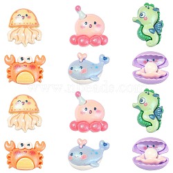 30Pcs 6 Styles Ocean Theme Opaque Resin Sea Animal Cabochons, Glitter Cabochons, Mixed Color, 17~21x19~25x7~9mm, 30pcs(RESI-CJ0003-55)