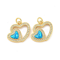 Valentine's Day Brass Micro Pave Cubic Zirconia with Synthetic Opal Pendants, with Jump Ring, Flat Round, Real 18K Gold Plated, 15.5x16.5x3mm(KK-D096-02B-G)