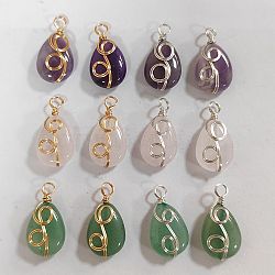 12Pcs 6 Styles Natural Mixed Stone Pendants, Natural Amethyst & Rose Quartz & Green Aventurine, Teardrop Charm, Twisted with Golden Tone Copper Wire, Golden & Silver, 25~25.5x13x6.7~7mm, Hole: 3.4~3.9mm, 2pcs/style(FIND-FH0006-25)