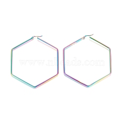 304 Stainless Steel Geometric Angular Hoop Earrings, Hypoallergenic Earrings, Hexagon, Rainbow Color, 12 Gauge, 79x69x2mm, Pin: 1x0.6mm(STAS-D171-08M)