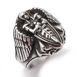 Viking 304 Stainless Steel Angel Cross Sword Wide Finger Rings for Mens, Antique Silver, 23mm, US Size 10(19.8mm)(RJEW-U005-03AS)