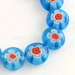Handmade Millefiori Glass Bead Strands, Flat Round, Deep Sky Blue, 10x4mm, Hole: 1.2mm, about 40pcs/strand, 14.9 inch(LK-R006-15D)
