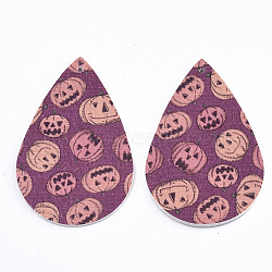 Halloween Theme, PU Leather Big Pendants, Double Sided, Teardrop, Purple, 56x37x2mm, Hole: 1.8mm(FIND-R074-01E)