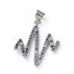 Brass Micro Pave Cubic Zirconia Pendants, Heartbeat, Colorful, Platinum, 22x20x2mm, Hole: 3x4mm(ZIRC-G157-12P)