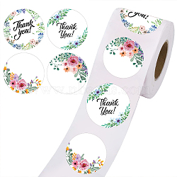 Thank You Sticker, Coated Paper Adhesive Stickers, Flat Round with Word, Flower Pattern, 4x4cm, 500pcs/roll(DIY-WH0270-004)