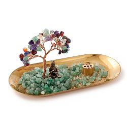 Natural Gemstone Chips with Brass Incense Burner Holder, with Rose Gold Plated Brass Wires and Buddha, Lucky Tree, 83.5x180x85~100mm(DJEW-G027-19RG-02)
