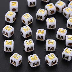 Opaque White Acrylic Beads, Metal Enlaced, Cube with Letters, Letter.M, 4.5mm, Hole: 2mm, about 5000pcs/500g(MACR-Q242-010M)