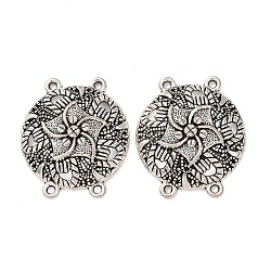Tibetan Style Alloy Multi-Strand Links, 4-Loop, Flat Round with Flower, Antique Silver, 36x31x6mm, Hole: 2mm, about 172pcs/1000g(FIND-C094-15AS)