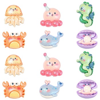 30Pcs 6 Styles Ocean Theme Opaque Resin Sea Animal Cabochons, Glitter Cabochons, Mixed Color, 17~21x19~25x7~9mm, 30pcs