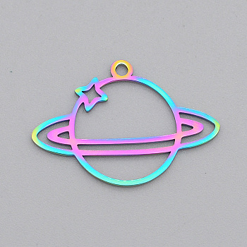 Ion Plating(IP) 201 Stainless Steel Pendants, Laser Cut, Planet, Rainbow Color, 17x25x1mm, Hole: 1.5mm