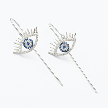 Brass Micro Pave Cubic Zirconia Ear Wrap Crawler Hook Earrings, Eye, Blue, Platinum, 50x21mm, Pin: 1mm