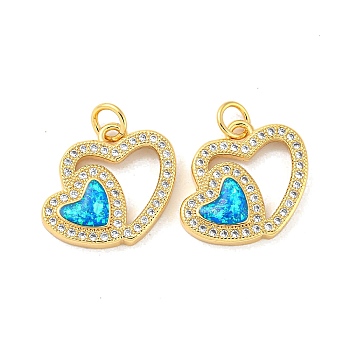 Valentine's Day Brass Micro Pave Cubic Zirconia with Synthetic Opal Pendants, with Jump Ring, Flat Round, Real 18K Gold Plated, 15.5x16.5x3mm