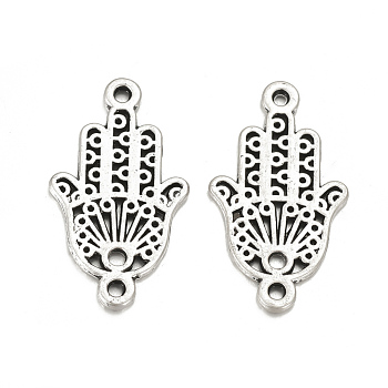Tibetan Style Alloy Links connectors, Matte Style, Hamsa Hand/Hand of Fatima /Hand of Miriam, Cadmium Free & Lead Free, Thailand Sterling Silver Plated, 27x15.5x1.5mm, Hole: 1.5mm