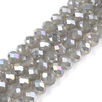 Electroplate Glass Beads Strands, Imitation Jade Beads, AB Color Plated, Faceted, Rondelle, Gray, 8x6mm, Hole: 1mm, about 64~65pcs/strand, 15.75~16.14 inch(40~41cm)