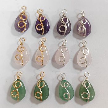 12Pcs 6 Styles Natural Mixed Stone Pendants, Natural Amethyst & Rose Quartz & Green Aventurine, Teardrop Charm, Twisted with Golden Tone Copper Wire, Golden & Silver, 25~25.5x13x6.7~7mm, Hole: 3.4~3.9mm, 2pcs/style
