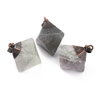 Rough Raw Natural Fluorite Pendants, with Red Copper Plated Brass Jump Ring, Rhombus, 27~29x18.5~20x18~19.5mm, Hole: 5x8mm