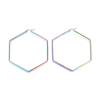304 Stainless Steel Geometric Angular Hoop Earrings, Hypoallergenic Earrings, Hexagon, Rainbow Color, 12 Gauge, 79x69x2mm, Pin: 1x0.6mm