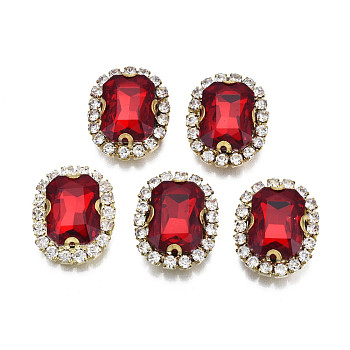 Sew on Rhinestone, Transparent Glass Rhinestone, with Brass Prong Settings, Faceted, Rectangle, Crimson, 19.5x15.5x6.5mm, Hole: 1mm