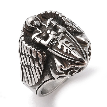 Viking 304 Stainless Steel Angel Cross Sword Wide Finger Rings for Mens, Antique Silver, 23mm, US Size 10(19.8mm)