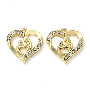 Alloy Rhinestone Pendants, Heart with Mom Charms, for Mother's Day, Golden, 18x17x2.5mm, Hole: 1.4mm