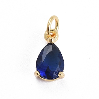 Brass Micro Pave Cubic Zirconia Pendants, with Jump Ring, Teardrop, Rose Gold, Blue, 11.5x6.5x4mm, Hole: 3mm
