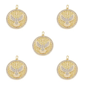 5Pcs Brass Micro Pave Clear Cubic Zirconia Pendants, with Jump Rings, Long-Lasting Plated, Flat Round with Bird & Cross, Golden, 27.5x25x2.3mm, Hole: 3.7mm