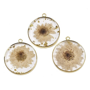 Transparent Clear Epoxy Resin Pendants, Flat Round Charms with Inner Flower Charm, with Edge Golden Plated Brass Loops and Gold Foil, White, 34x30x4mm, Hole: 2.5mm
