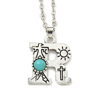 Letter A~Z Antique Silver Plated Alloy with Synthetic Turquoise Pendant Necklaces, with Iron Cable Chains, Letter R, 18.70 inch(475mm), Letter R: 25.5x21.5mm