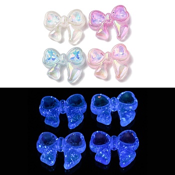 Luminous Transparent Acrylic Beads, with Rhinestone & Gold Glitter Powder, Glow in the Dark, Bowknot, Mixed Color, 21x25.5x7mm, Hole: 2mm