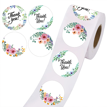 Thank You Sticker, Coated Paper Adhesive Stickers, Flat Round with Word, Flower Pattern, 4x4cm, 500pcs/roll