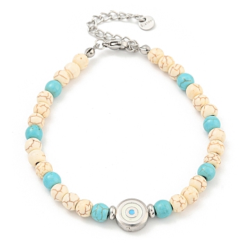 Evil Eye 304 Stainless Steel & Two Tone Synthetic Turquoise Round Beaded Bracelets for Women, Stainless Steel Color, 8-3/8 inch(21.2cm)