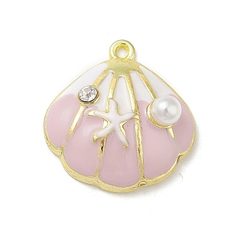 Rack Plating Alloy Enamel Pendants, with Rhinestone and ABS Plastic Imitation Pearls, Shell Charms, Light Gold, 21x20x7.5mm, Hole: 1.4mm