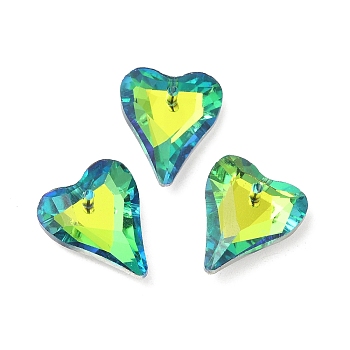 Electroplated Glass Pendants, Back Plated, Faceted, Heart Charms, Yellow Green, 17.5x14x5mm, Hole: 1.2mm