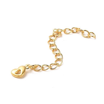 Rack Plating Brass Curb Chain Extender, End Chains with Hollow Heart Drop, Real 18K Gold Plated, 62mm
