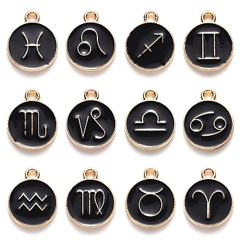 Alloy Enamel Pendants, Light Gold, Flat Round with Constellation, 12 Constellations, 15x12x1.5mm, Hole: 1.5mm, about 12pcs/set