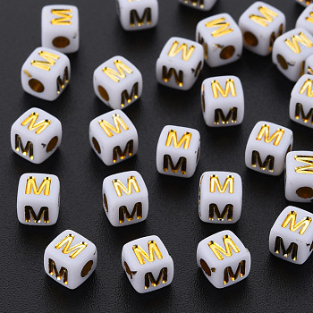 Opaque White Acrylic Beads, Metal Enlaced, Cube with Letters, Letter.M, 4.5mm, Hole: 2mm, about 5000pcs/500g