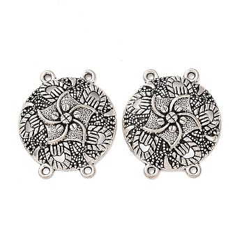 Tibetan Style Alloy Multi-Strand Links, 4-Loop, Flat Round with Flower, Antique Silver, 36x31x6mm, Hole: 2mm, about 172pcs/1000g