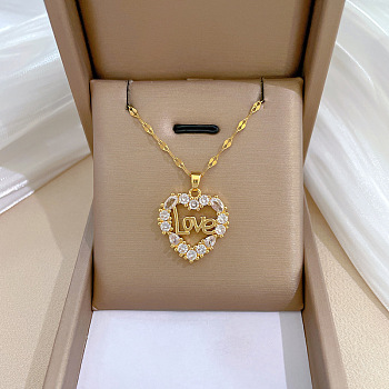 Heart with Word Love Brass with Rhinestone Pendant Necklaces, with 201 Stainless Steel Dapped Chains, Golden, 17.83 inch(45.3cm)