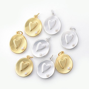 Brass Pendants, with Acrylic Pearl Beads, Long-Lasting Plated, Oval with Heart, Mixed Color, 27~29x20~23x4~6mm, Hole: 5mm