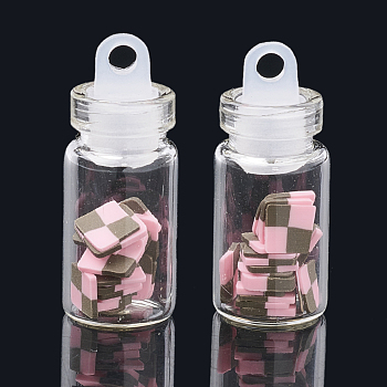 Handmade Polymer Clay Nail Art Decoration Accessories, with Glass Wishing Bottle and CCB Plastic Bottle Stopper, Pearl Pink, 4~7x4~6x0.1~1mm, bottle: 27.5x11mm, hole: 3mm