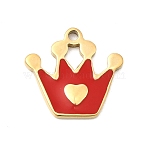 304 Stainless Steel Charms, with Enamel, Crown Charms, Golden, Red, 14x14.5x1.4mm, Hole: 1.5mm(STAS-C162-06G)