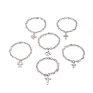 304 Stainless Steel Charm Bracelets, with Cable Chains, Cross, Stainless Steel Color, 7-7/8 inch~8-3/8 inch(20~21.3cm), Pendants: 21.5~32.5x14.5~19x2.5~3mm(BJEW-O169-04)