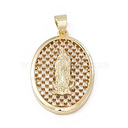 Rack Plating Brass Micro Pave Cubic Zirconia Pendants, Cadmium Free & Lead Free, Long-Lasting Plated, Oval with Religion Virgin Mary Charm, Real 18K Gold Plated, 32.5x22x5mm, Hole: 4x5mm(KK-G451-13G)
