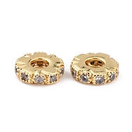 Brass Micro Pave Clear Cubic Zirconia Beads, Long-Lasting Plated, Cadmium Free & Lead Free, Flat Round, Real 18K Gold Plated, 8x2mm, Hole: 2.8mm(ZIRC-P091-04A-G-RS)