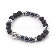 Natural Lava Rock and Black Agate(Dyed) Stretch Bracelets, with Non-Magnetic Synthetic Hematite, 304 Stainless Steel Beads and Alloy Beads, Palm, 2-1/4 inch(5.8cm)(BJEW-JB04006-04)