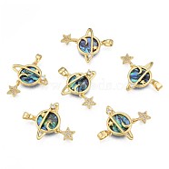 Brass Micro Pave Clear Cubic Zirconia Pendants, with Synthetic Abalone Shell/Paua Shells, Real 18K Gold Plated, Nickel Free, Planet with Star, Colorful, 16x22x4.5mm, Hole: 2.5x4mm(KK-N233-421)