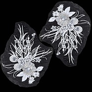 3D Flower Polyester Embroidery Sew on Flower Appliques, with Paillettes & Acrylic Rhinestones, Sewing Craft Decoration for Wedding Dress, Cheongsam, White, 350~400x270~290x6.5mm(PATC-WH0008-24A)